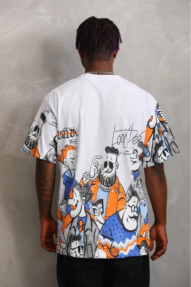 Unisex Oversize Baskılı Bisiklet Yaka T-Shirt 