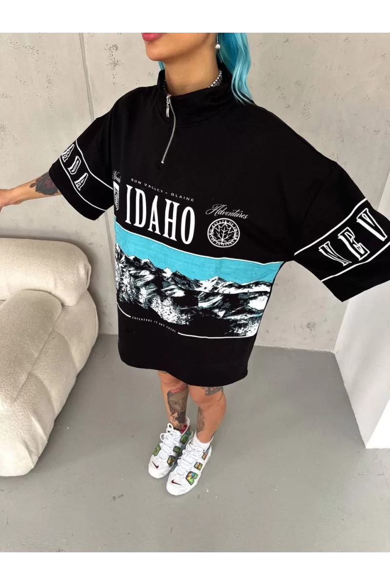 Unisex Baskılı Yarım Fermuarlı T-Shirt