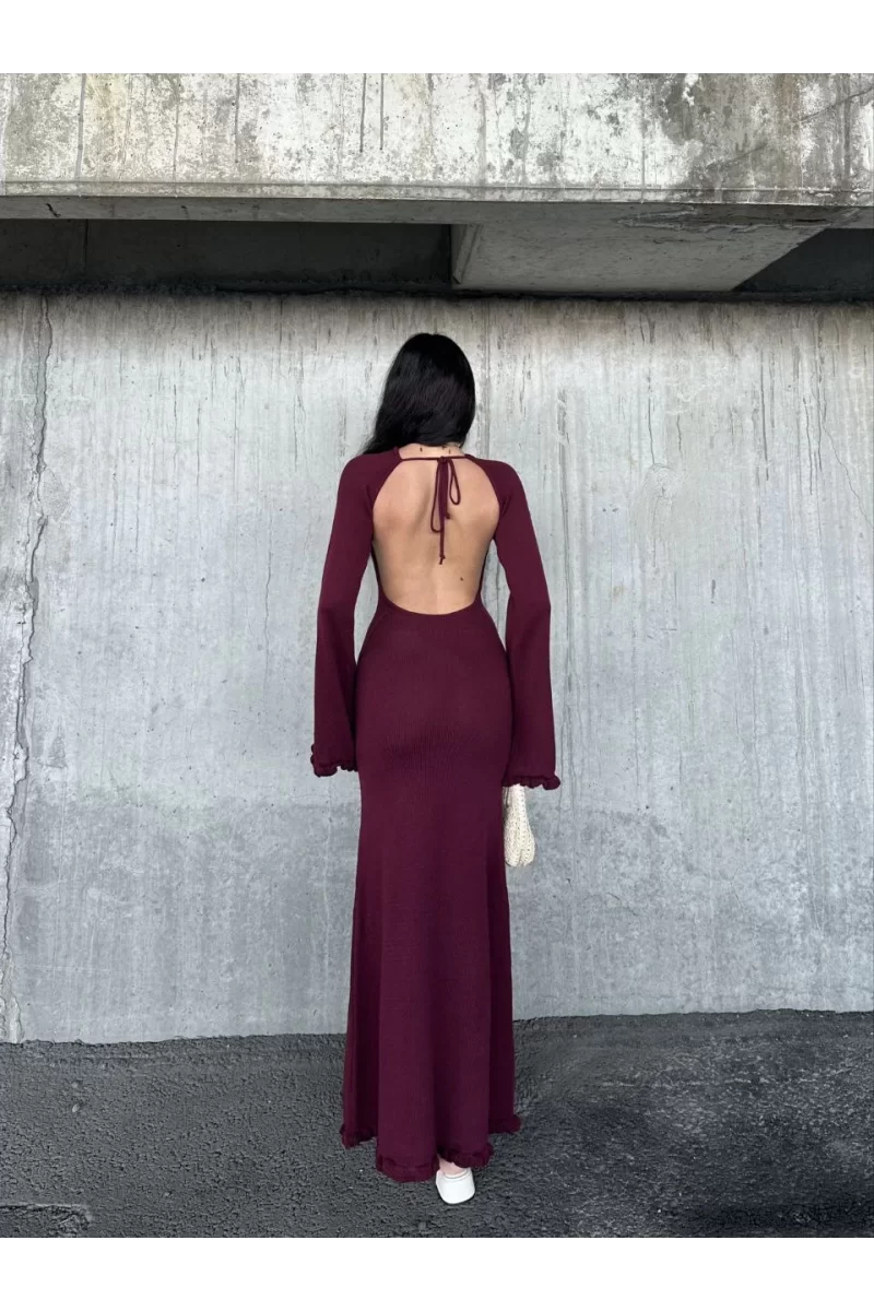 Acık Sırt Detaylı Maxi Uzun Boy Elbise- Bordo - Standart Beden