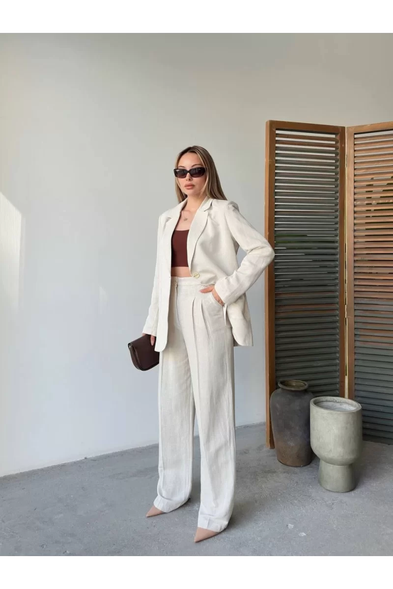 Keten Ceket Pantolon İlik Düğmeli Uzun Kollu Yırtmaçlı ikili Takım - Beyaz