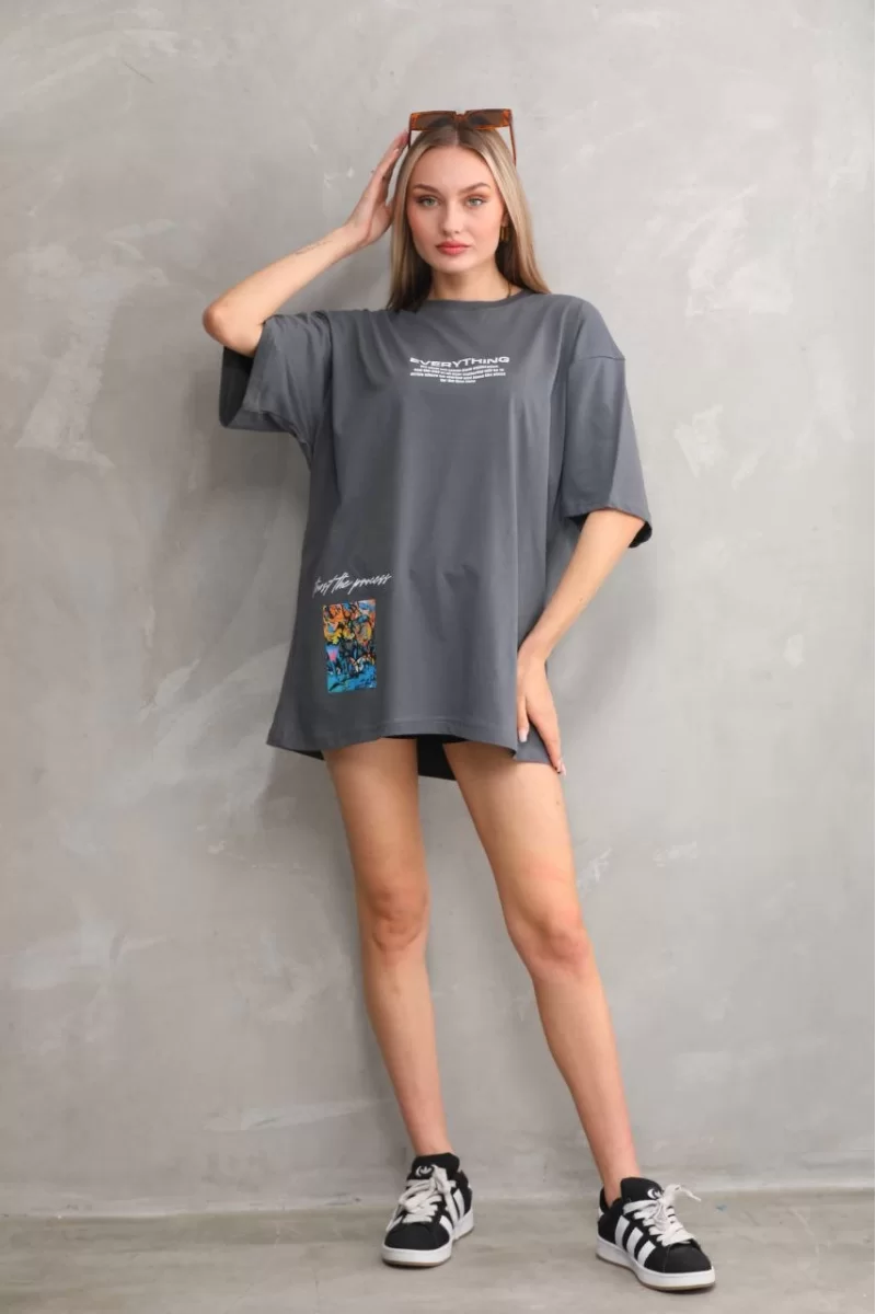 Unisex Bisiklet Yaka Baskılı Oversize T-Shirt