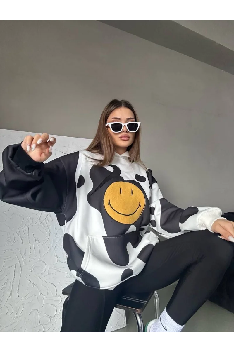 Kadın Smiley Face Kapüşonlu Sweatshirt