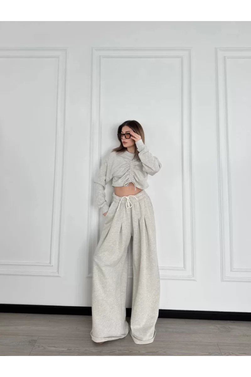 Uzun Kollu Önü İp Büzgülü Crop ve Pantolon İkili Takım