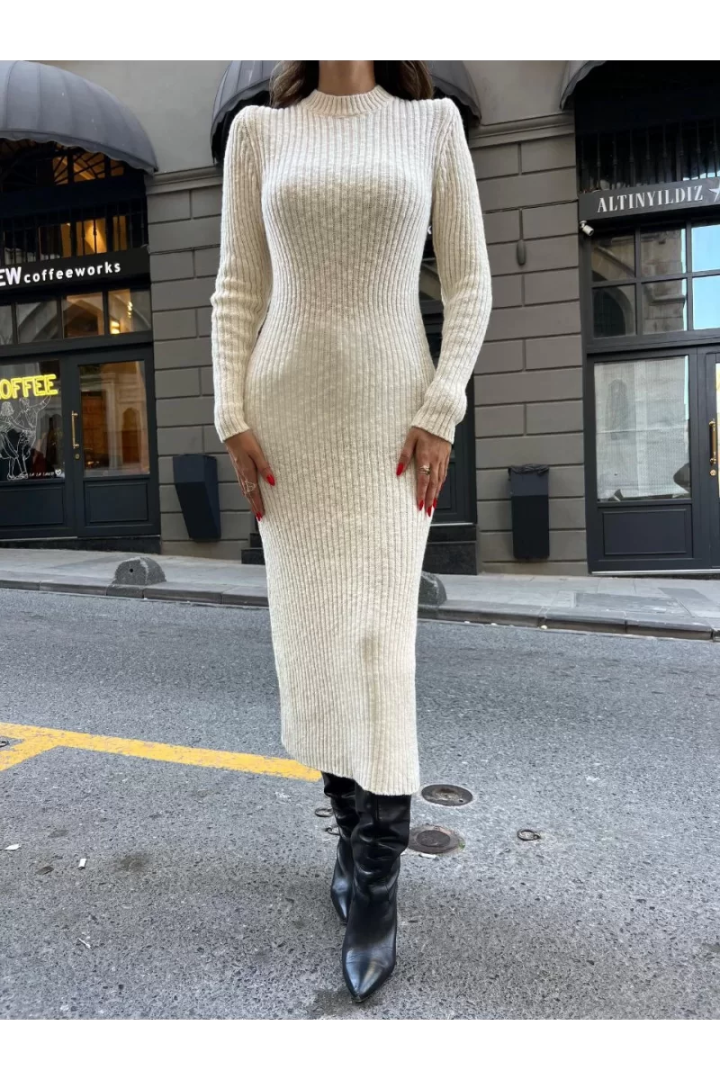 Bisiklet Yaka Fitilli Uzun Elbise - Beyaz