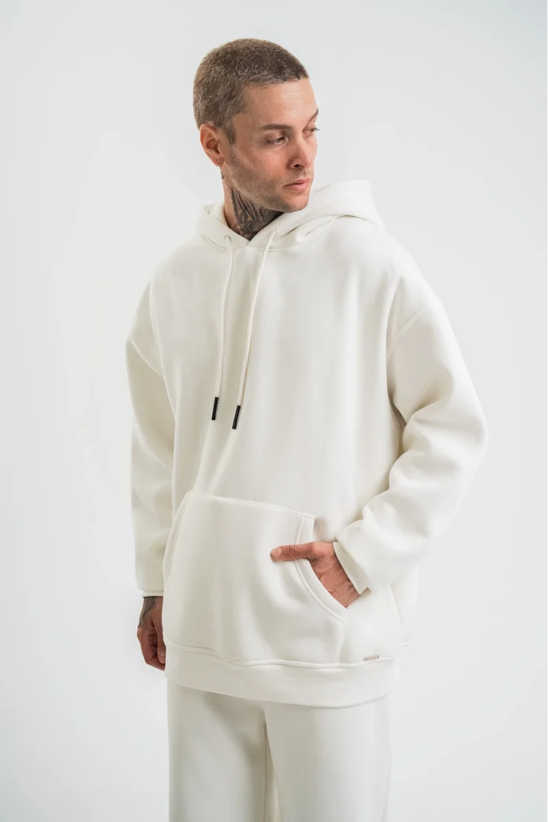 Unisex Double Oversize Kapşonlu Basic SweatShirt  - Kırık Beyaz