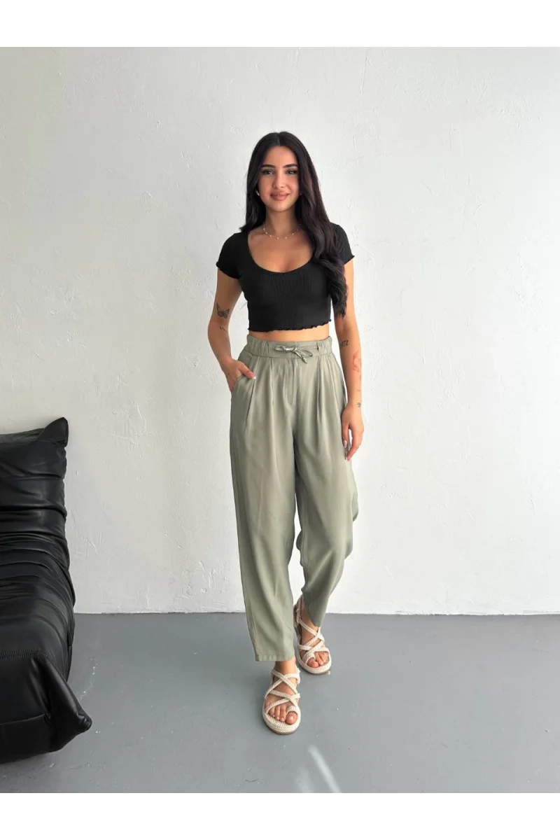 Kadın Yüksel Bel Beli Bağcıklı Rahat Boru Paça Pantalon