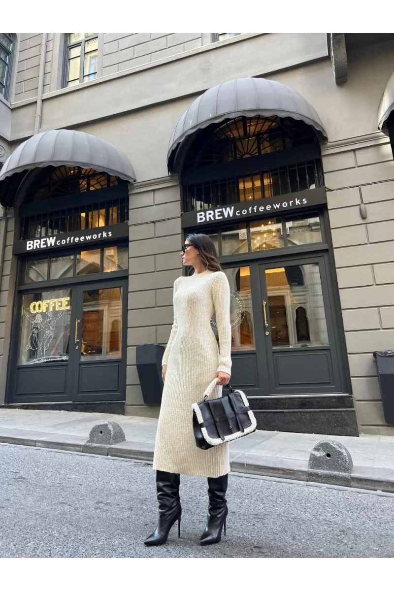 Bisiklet Yaka Fitilli Uzun Elbise - Beyaz