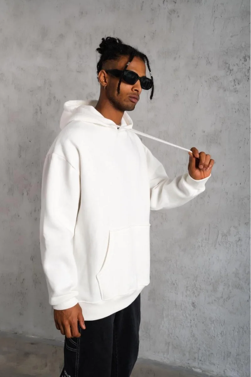 Erkek Düz Kapüşonlu Sweat - Kırık Beyaz