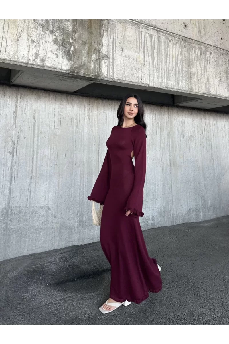 Acık Sırt Detaylı Maxi Uzun Boy Elbise- Bordo - Standart Beden