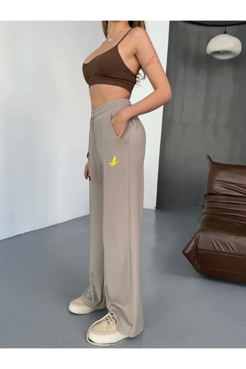 Osy Modal Yumuşak Dokulu Kumaş Nakış işlemeli Rahat Bol Paça Eşofman Pantalon - Bej