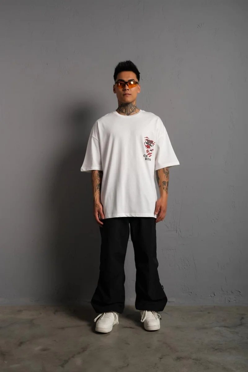 Erkek Sırt Baskılı A Kalite Oversize T-shirt - Kırık Beyaz
