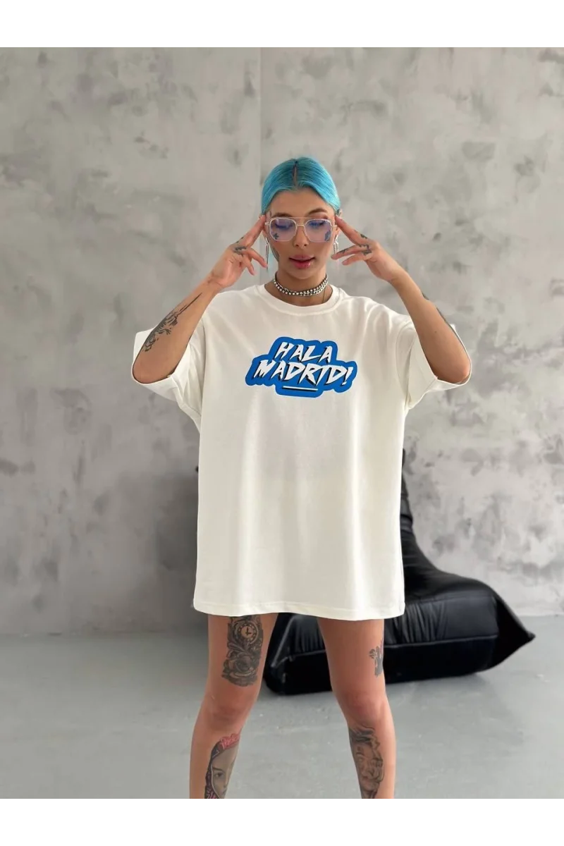 Unisex Bisiklet Yaka Baskılı Oversize T-Shirt 