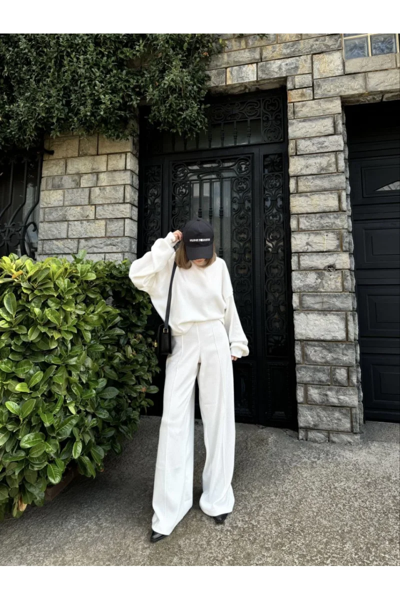 Crop, Pantolon Fitilli İkili Takım -Beyaz