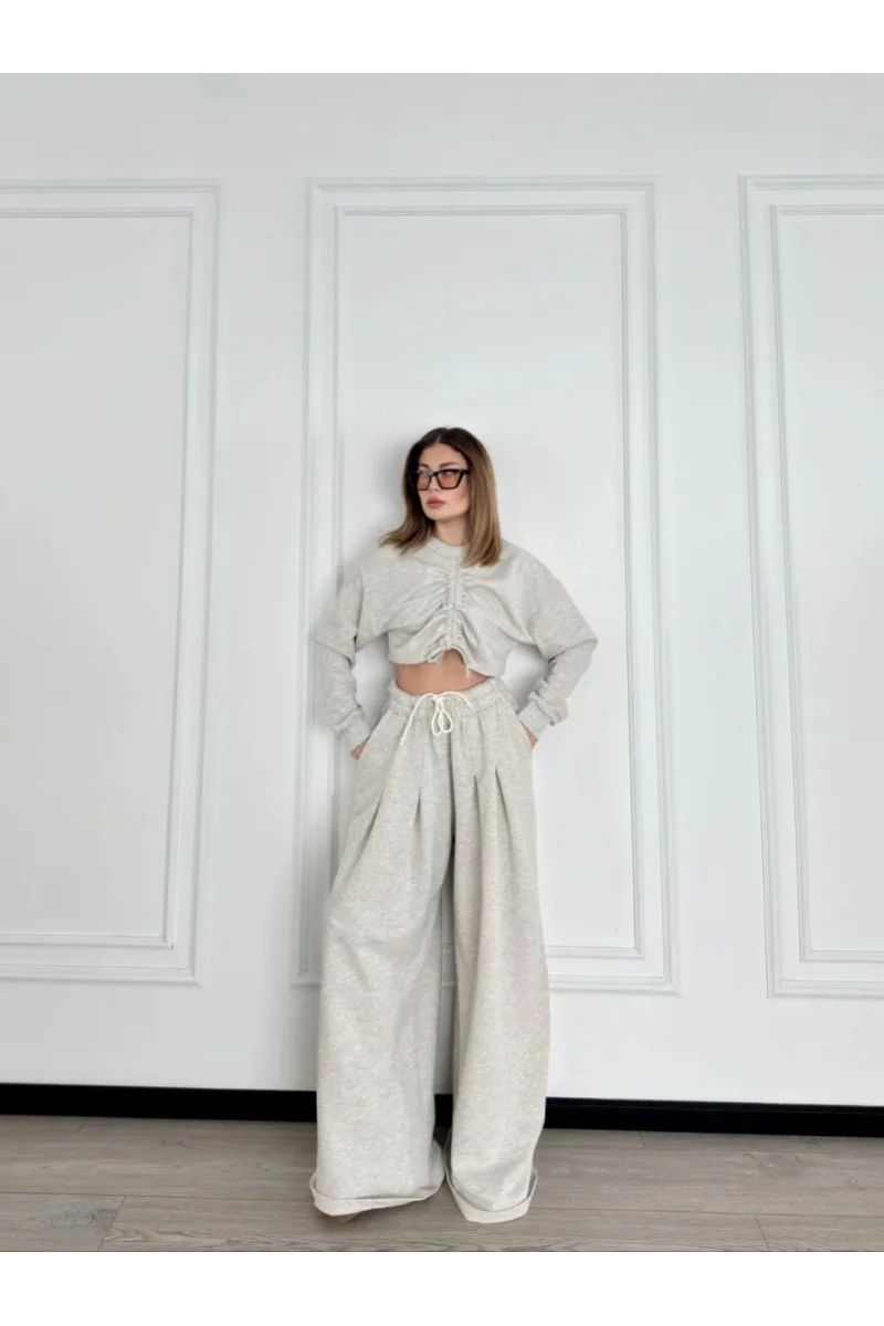 Uzun Kollu Önü İp Büzgülü Crop ve Pantolon İkili Takım