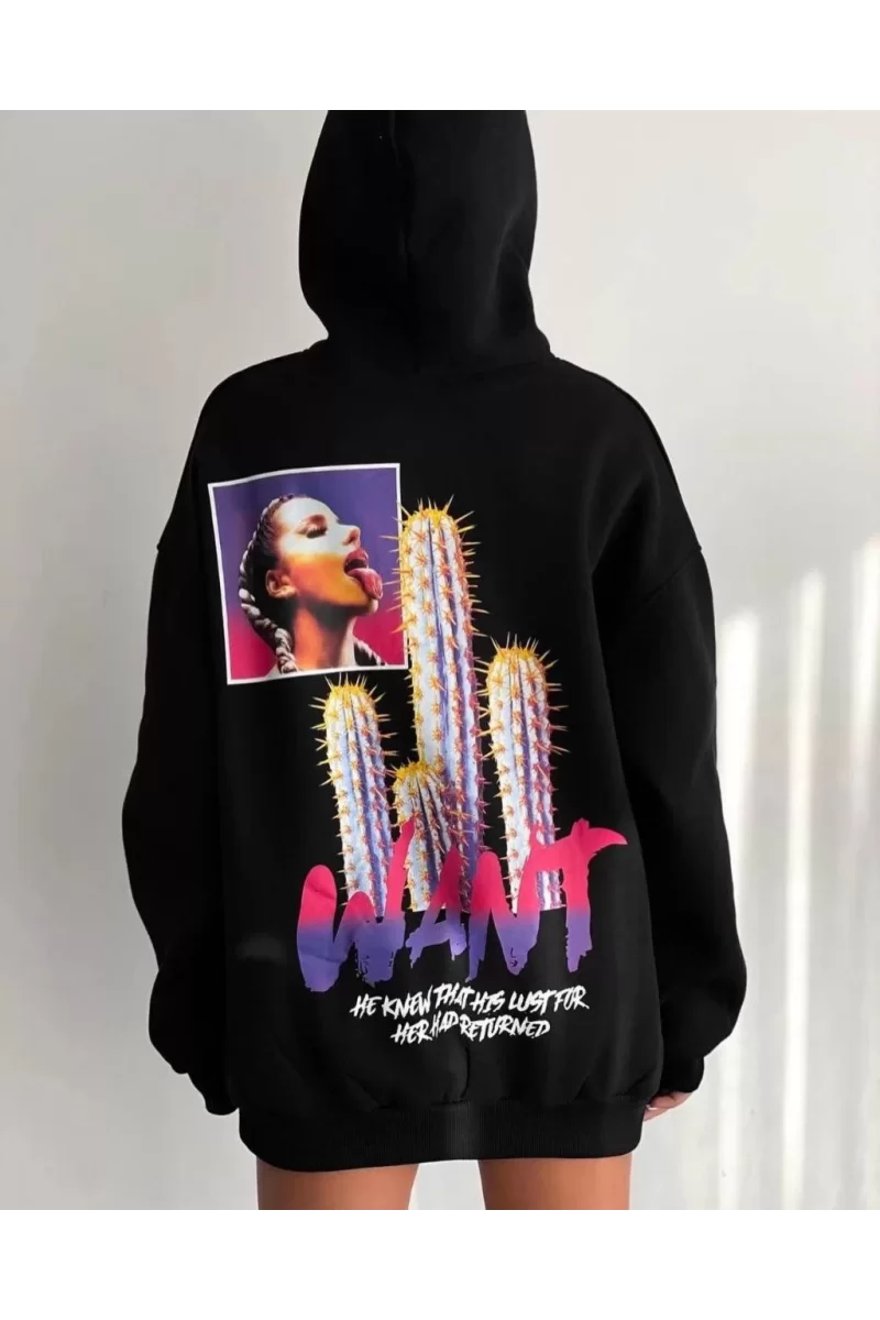 Baskılı Üç İplik Kapüşonlu Oversize Sweatshirt  - Siyah