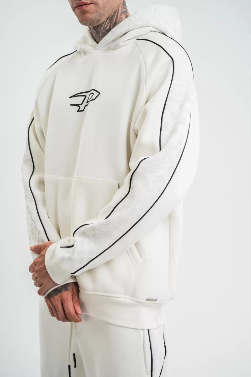 Uzun Kol Kapşonlu Ara Biyeli SweatShirt  - Kırık Beyaz