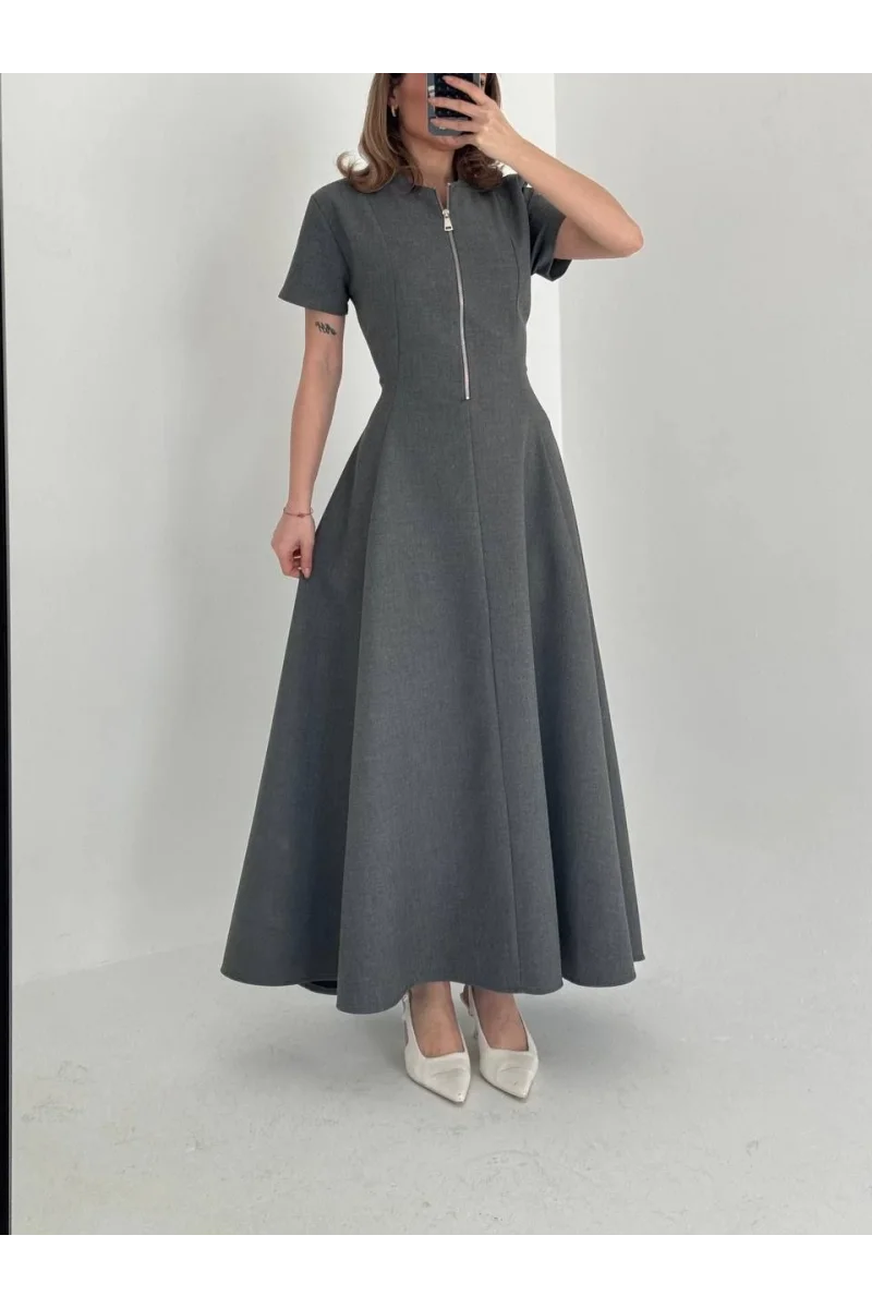 Kısa Kollu Önden Fermuarlı Çan Etekli Uzun Elbise - Antrasit