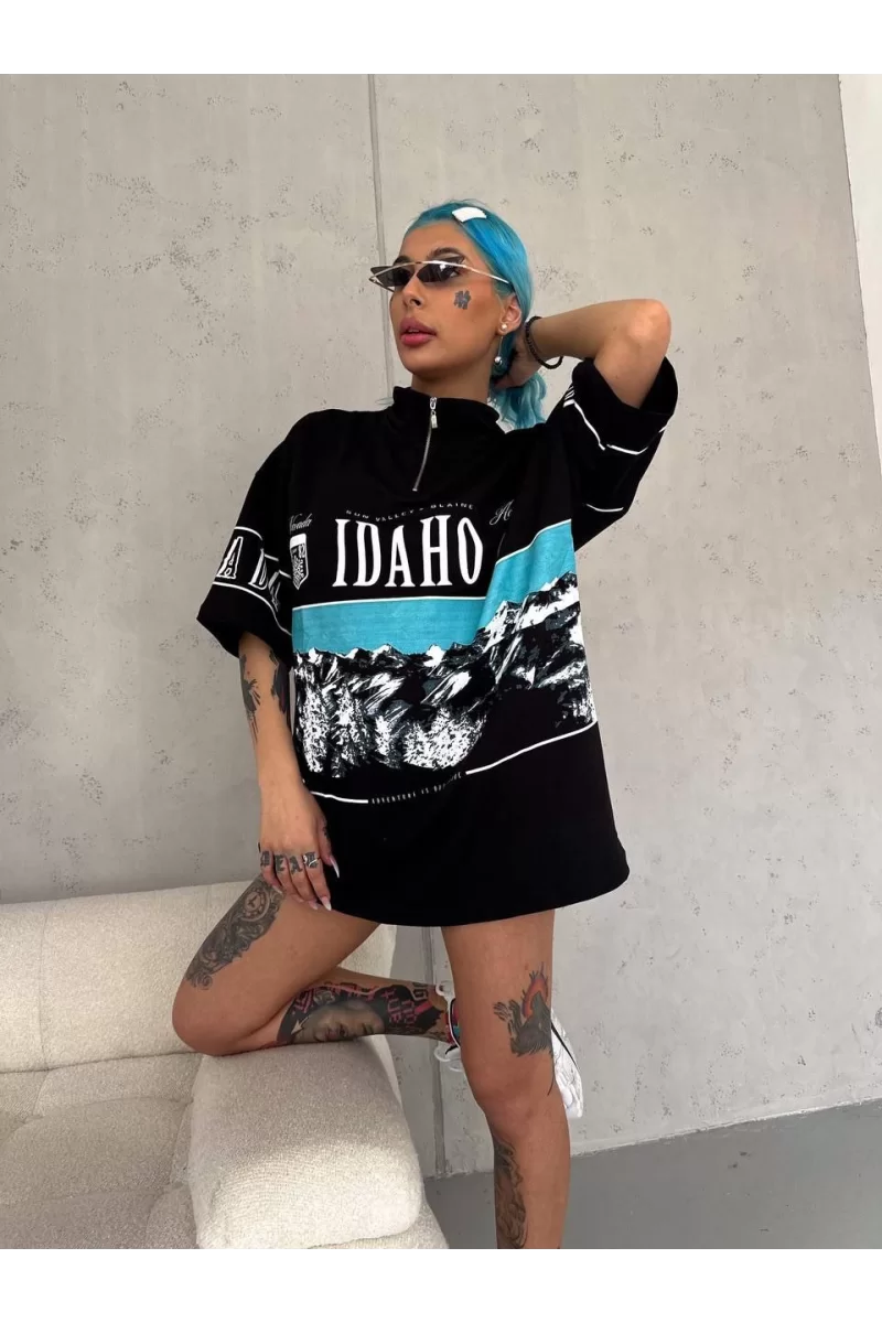 Unisex Baskılı Yarım Fermuarlı T-Shirt