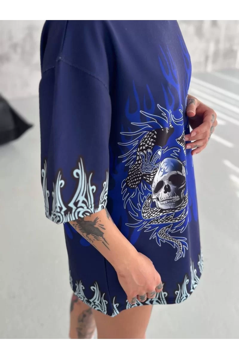 Unisex Bisiklet Yaka Baskılı Oversize T-Shirt 