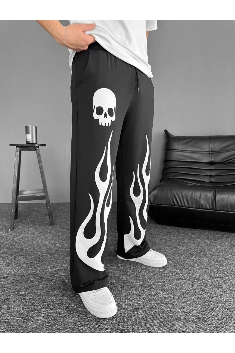 İki İplik Kumaş Baskılı Beli Lastikli Boru Paça Baggy Alt Esofman