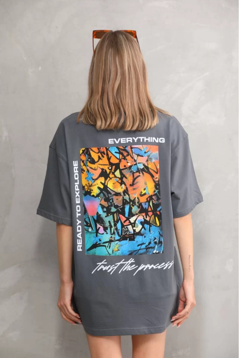 Unisex Bisiklet Yaka Baskılı Oversize T-Shirt