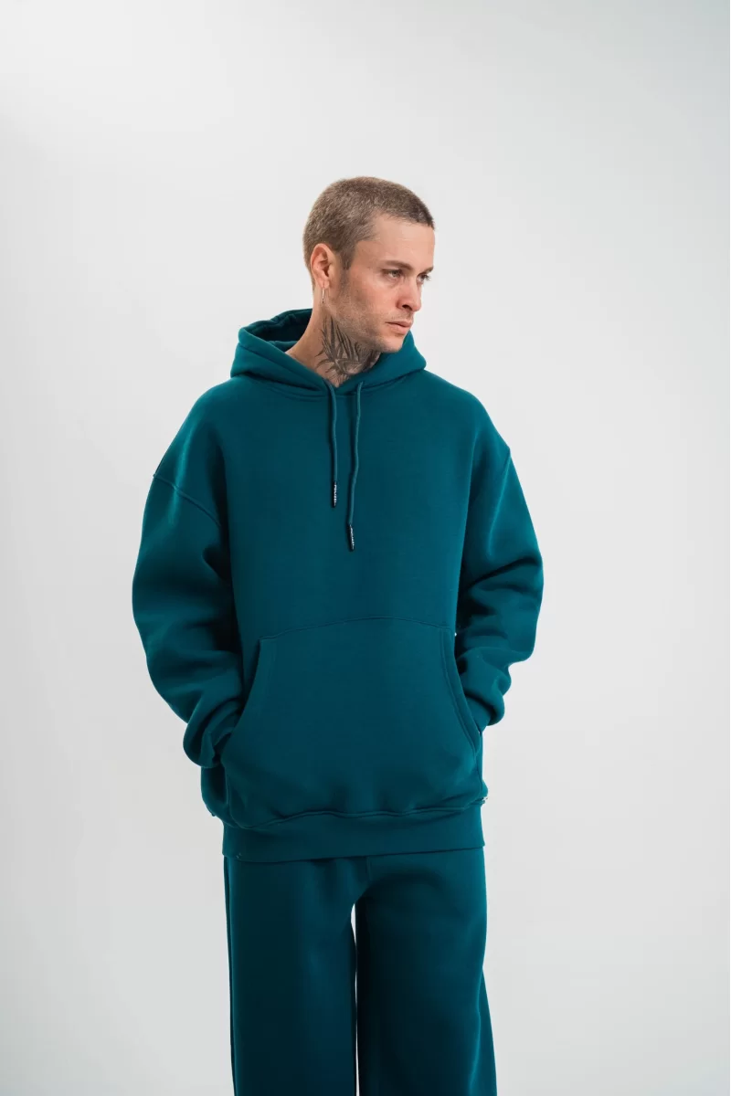 Unisex Double Oversize Kapşonlu Basic SweatShirt  - Yeşil