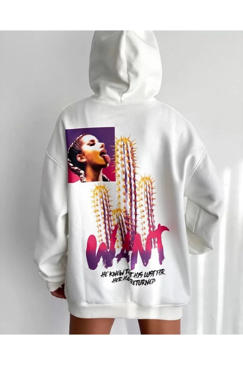 Baskılı Üç İplik Kapüşonlu Oversize Sweatshirt  - Kırık Beyaz