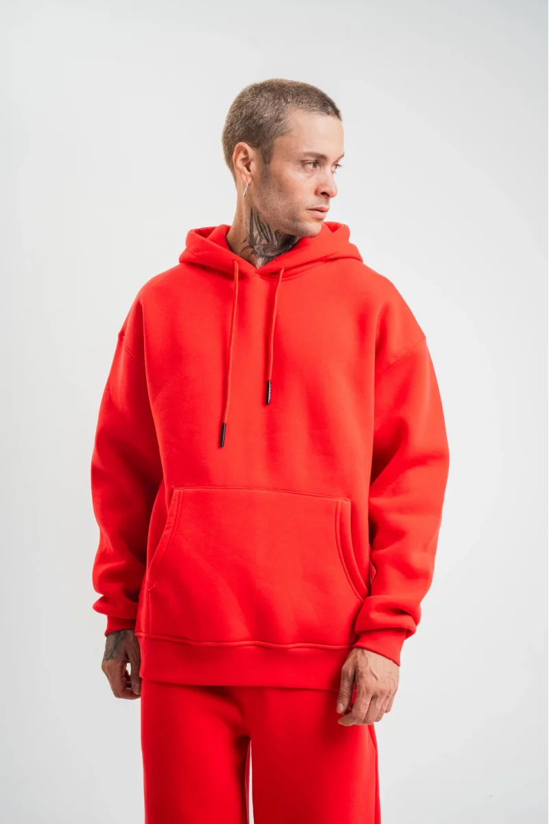 Unisex Double Oversize Kapşonlu Basic SweatShirt  - Kırmızı