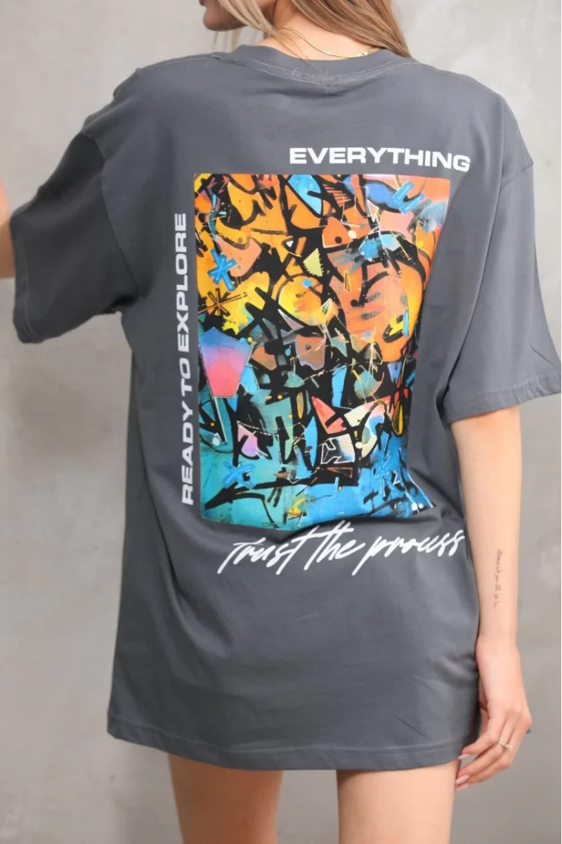 Unisex Bisiklet Yaka Baskılı Oversize T-Shirt