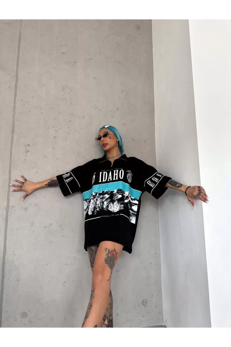 Unisex Baskılı Yarım Fermuarlı T-Shirt