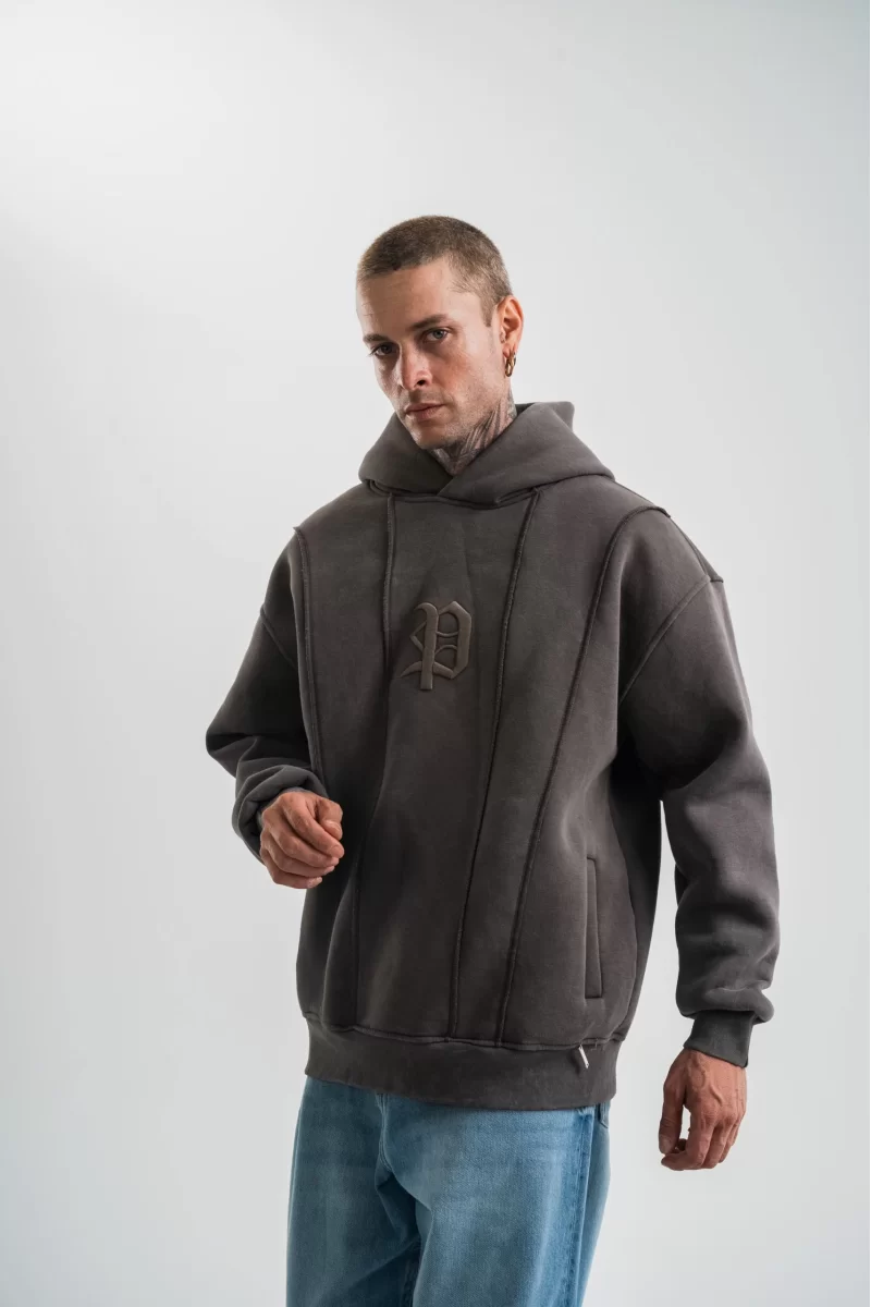 Unisex Uzun Kol Kapşonlu Yıkamalı Nakışlı SweatShirt  - Füme