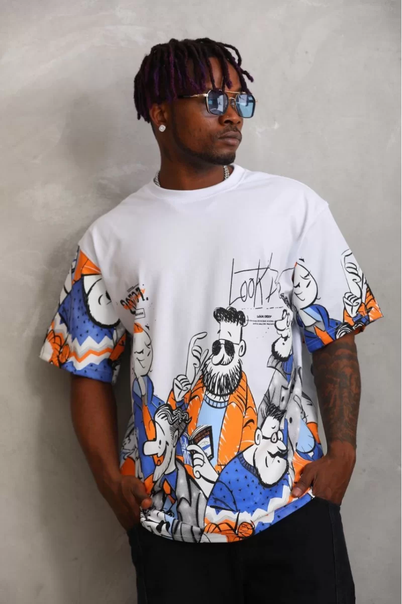 Unisex Oversize Baskılı Bisiklet Yaka T-Shirt 