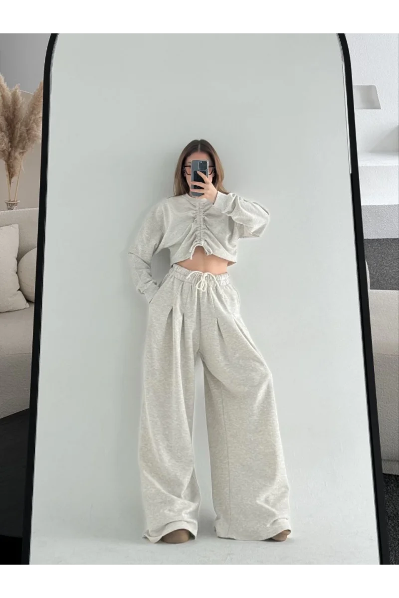 Uzun Kollu Önü İp Büzgülü Crop ve Pantolon İkili Takım