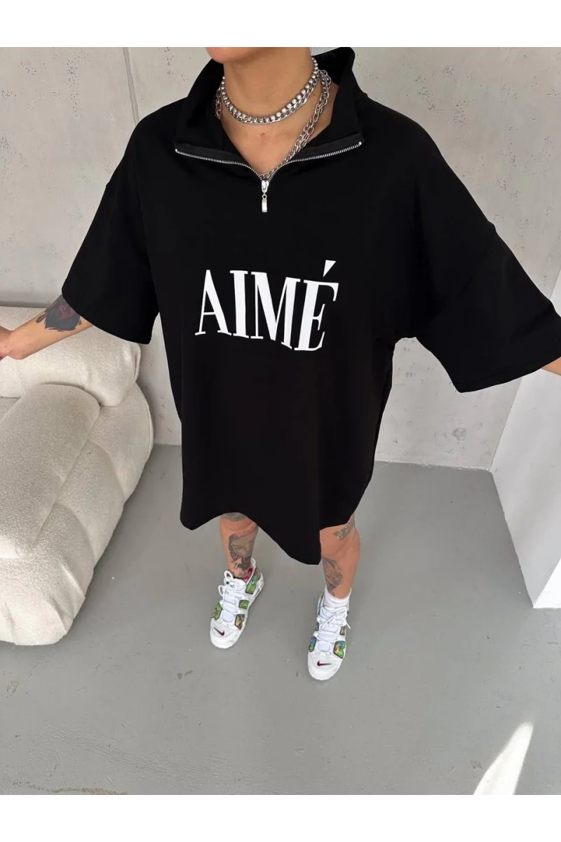 Unisex Yarım Fermuarlı Baskılı T-Shirt