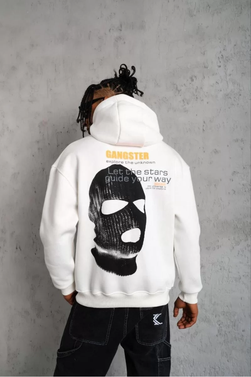 Erkek Kordonlu Maske Baskılı Kapüşonlu Sweat 