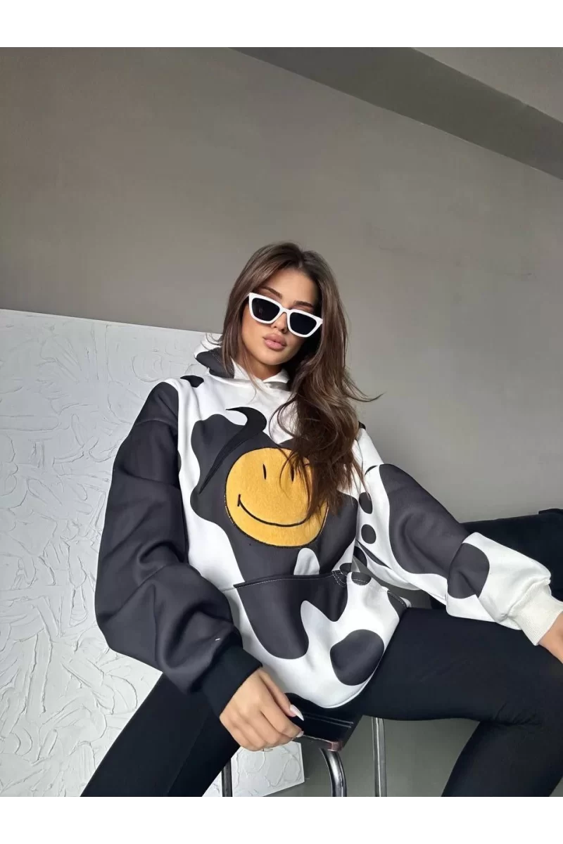 Kadın Smiley Face Kapüşonlu Sweatshirt