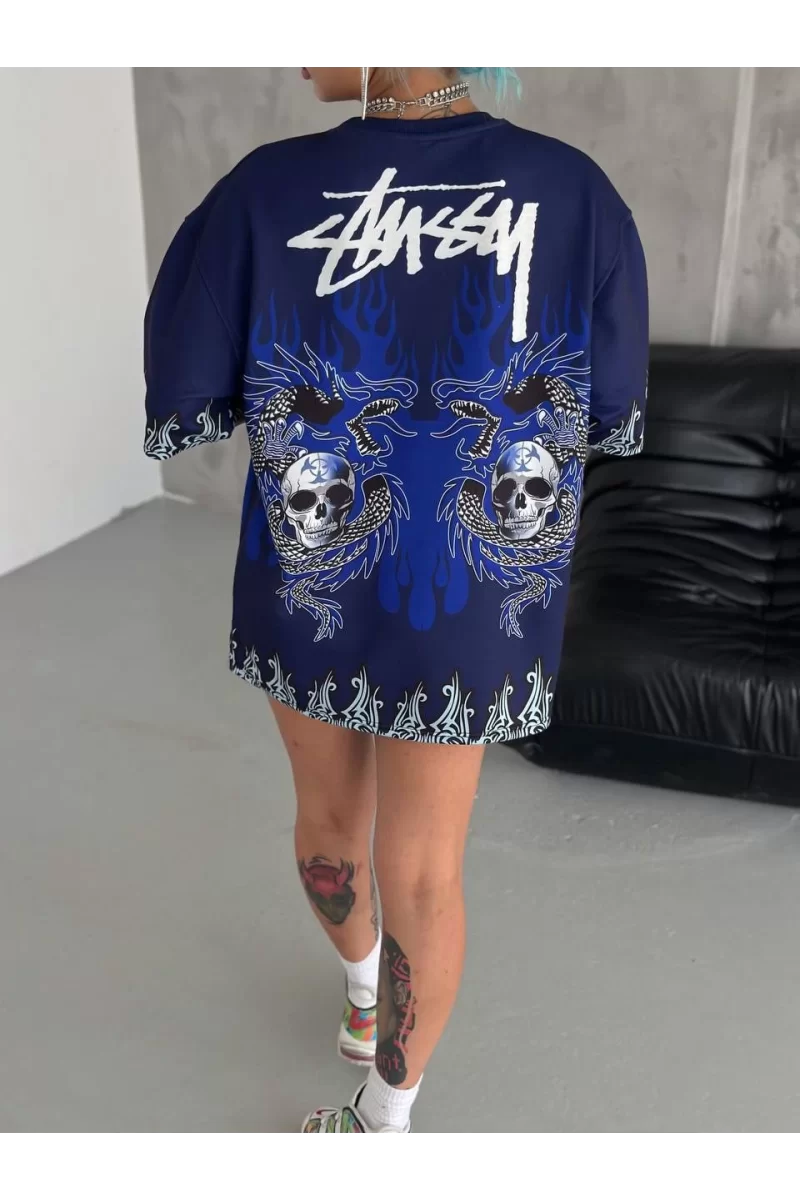 Unisex Bisiklet Yaka Baskılı Oversize T-Shirt 