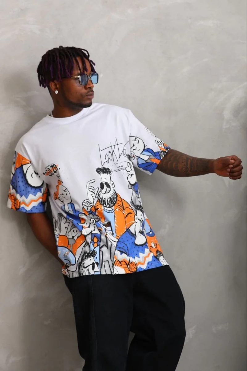 Unisex Oversize Baskılı Bisiklet Yaka T-Shirt 