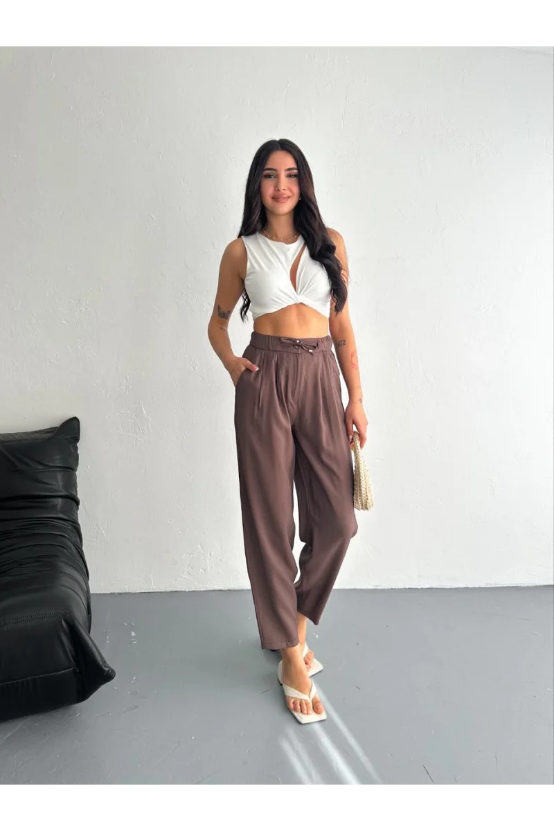 Kadın Yüksel Bel Beli Bağcıklı Rahat Boru Paça Pantalon - Kahve