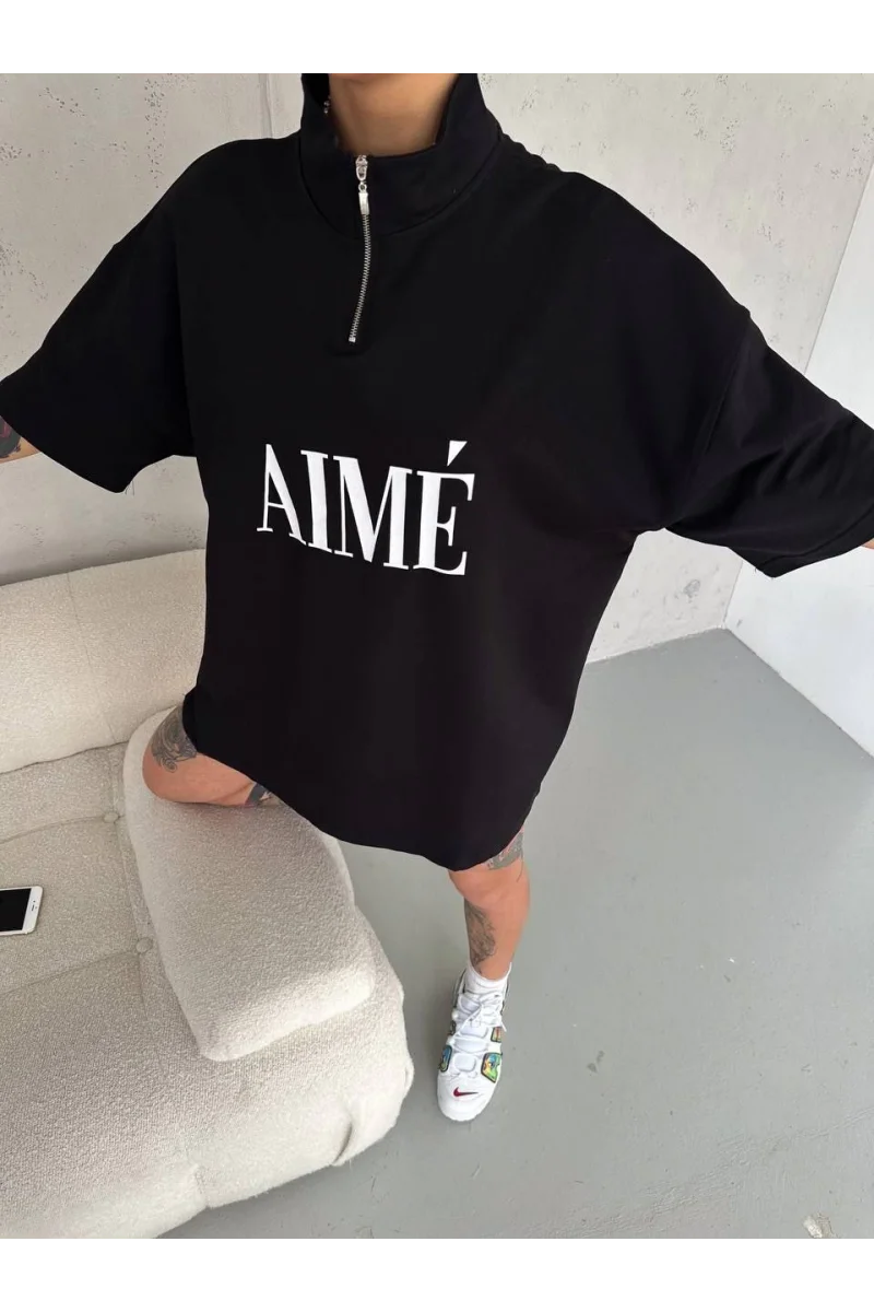 Unisex Yarım Fermuarlı Baskılı T-Shirt