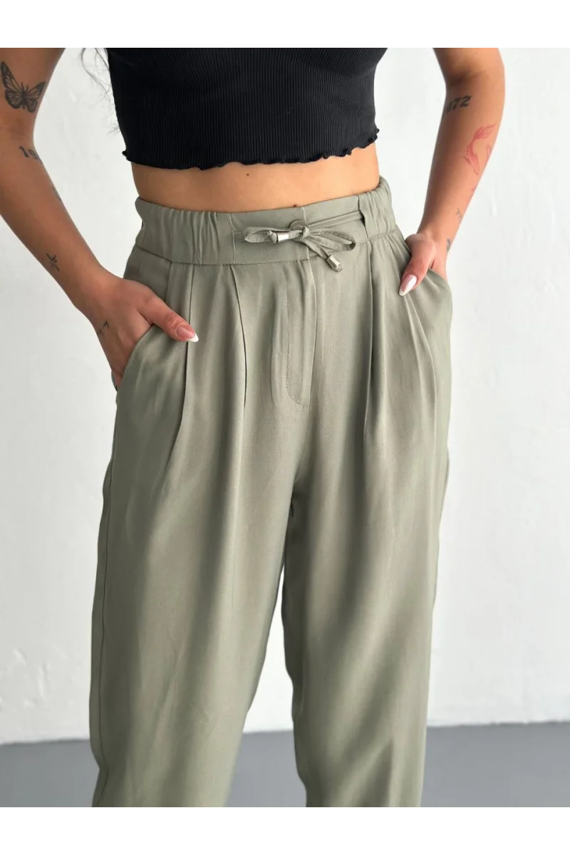 Kadın Yüksel Bel Beli Bağcıklı Rahat Boru Paça Pantalon - Yeşil