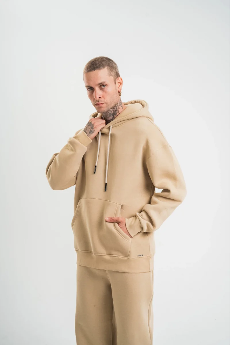 Unisex Double Oversize Kapşonlu Basic SweatShirt  - Bej