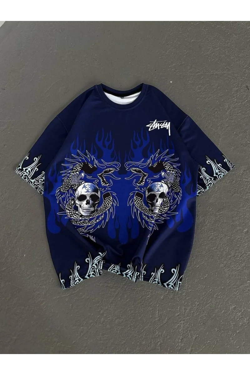 Unisex Bisiklet Yaka Baskılı Oversize T-Shirt 