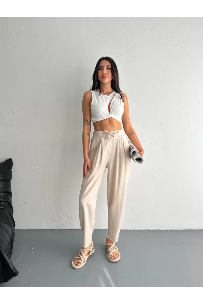 Kadın Yüksel Bel Beli Bağcıklı Rahat Boru Paça Pantalon - Kırık Beyaz