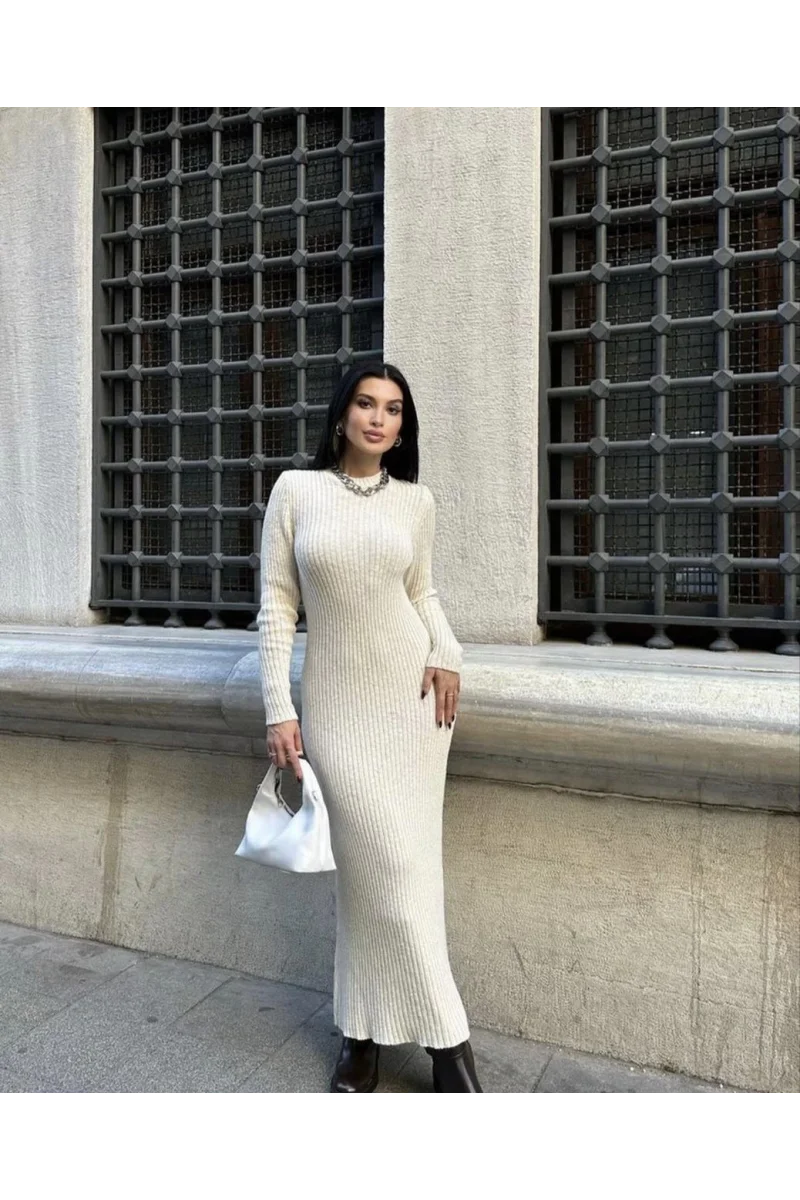 Bisiklet Yaka Fitilli Uzun Elbise - Beyaz