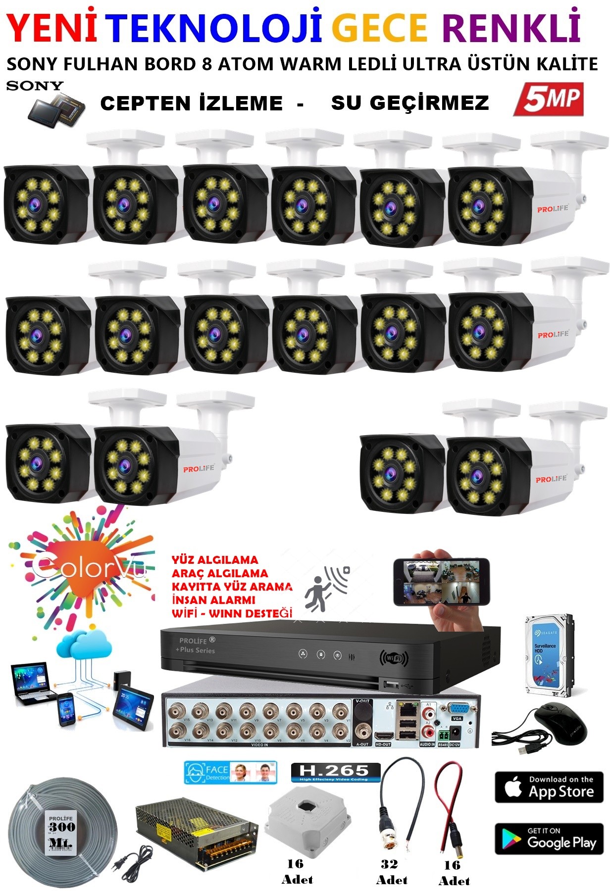 16 Kameralı 5 MP Gece Renkli Yapay Zeka Yüz ve Araç Algılamalı Olay Anı Bildirimli Kuruluma Hazır Kamera Seti