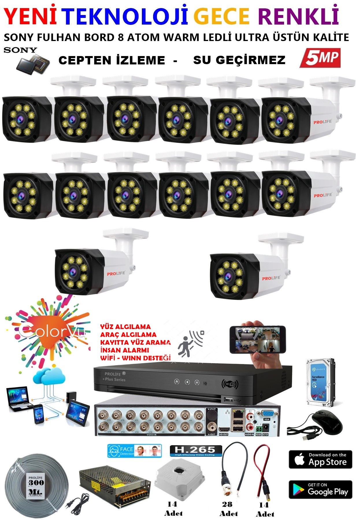 14 Kameralı 5 MP Gece Renkli Yapay Zeka Yüz ve Araç Algılamalı Olay Anı Bildirimli Kuruluma Hazır Kamera Seti