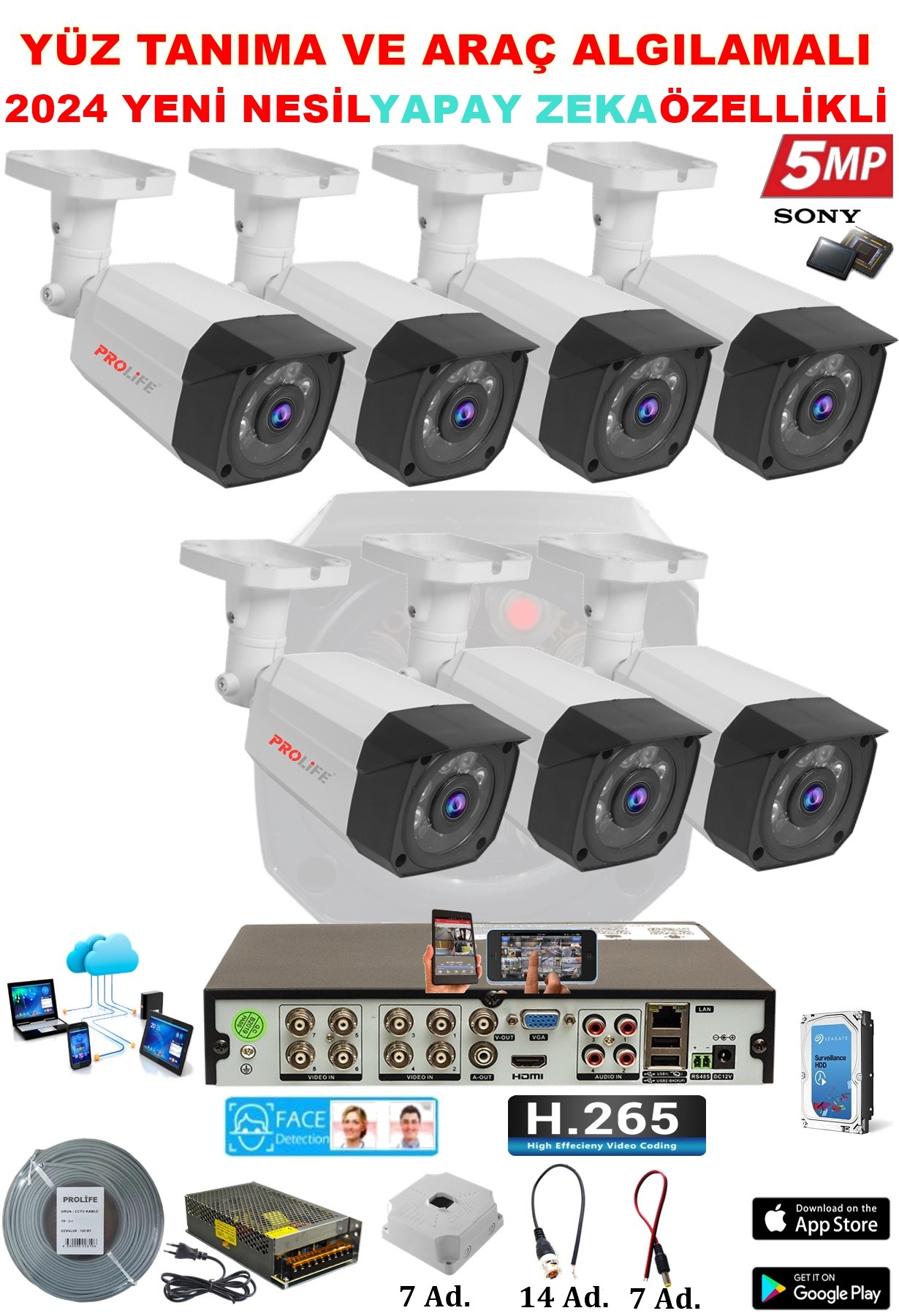 7 Kameralı 5 MP Gece Görüşlü Yapay Zeka Yüz Tanıma ve Araç Algılamalı Olay Anı Bildirimli Güvenlik Kamerası Seti