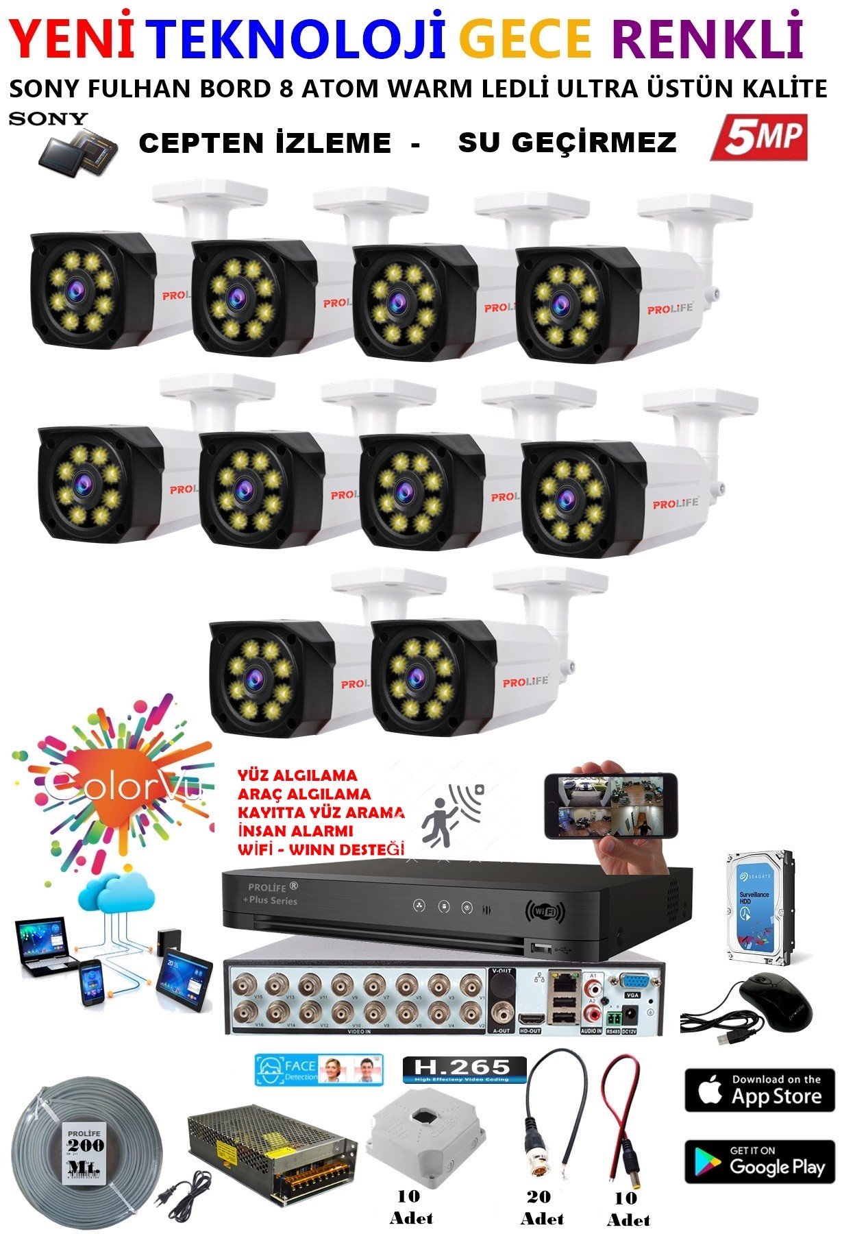 10 Kameralı 5 MP Gece Renkli Yapay Zeka Yüz ve Araç Algılamalı Olay Anı Bildirimli Kuruluma Hazır Kamera Seti