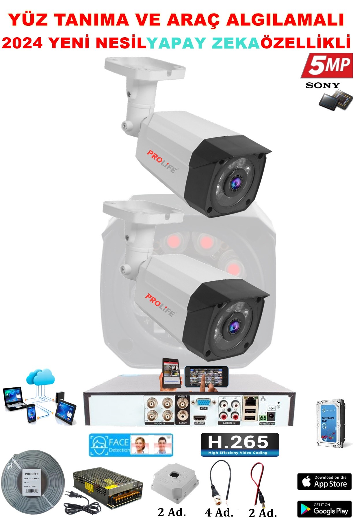 2 Kameralı 5 MP Gece Görüşlü Yapay Zeka Yüz Tanıma ve Araç Algılamalı Olay Anı Bildirimli Güvenlik Kamerası Seti